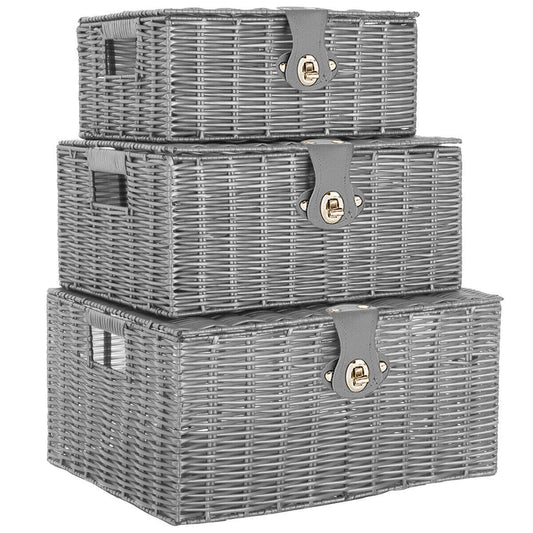 Set of 3 Storage Basket Resin Wicker Woven Hamper Box With Lid & Lock Stackable