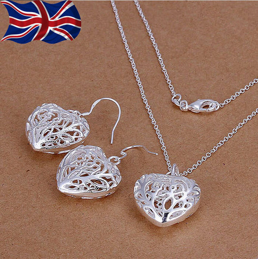 925 Sterling Silver plated Heart Necklace Earrings Set Filigree style UK FREE SHIPPING