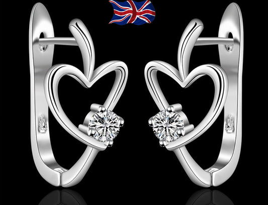 925 Sterling Silver Heart Hoop Earrings Crystal Ladies Girls Gift Bag UK FREE SHIPPING