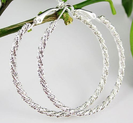 925 Sterling Silver Hoop Earrings Large Diamond Cut 50mm Twisted Rope Fast UK