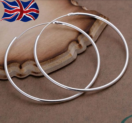 925 Sterling Silver Hoop Earrings Large Hooped Sleeper 50mm 5cm Ladies UK FREE SHIPPING