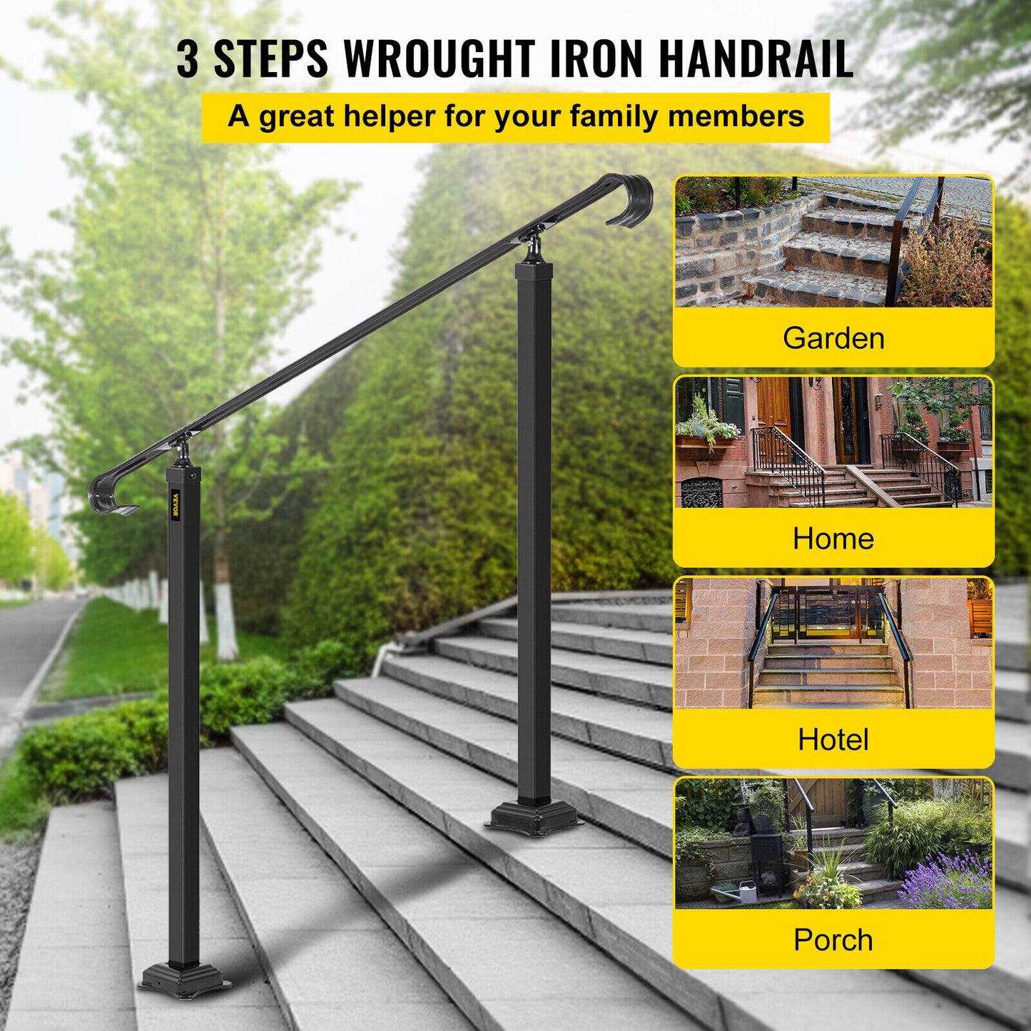 Wrought Iron Handrail Rail Adjustable Garden Metal Stairs 3 to 5 Steps