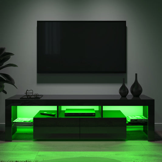 Modern TV Unit Cabinet Stand with LED Light 160cm Black High Gloss Doors Storage