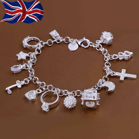 925 Sterling Silver plated Charm Bracelet Crystal Charms Chain Link 8" UK