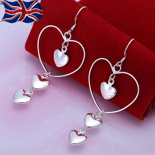 925 Sterling Silver Heart Earrings Triple Heart Dangle Drop Love UK FREE SHIPPING