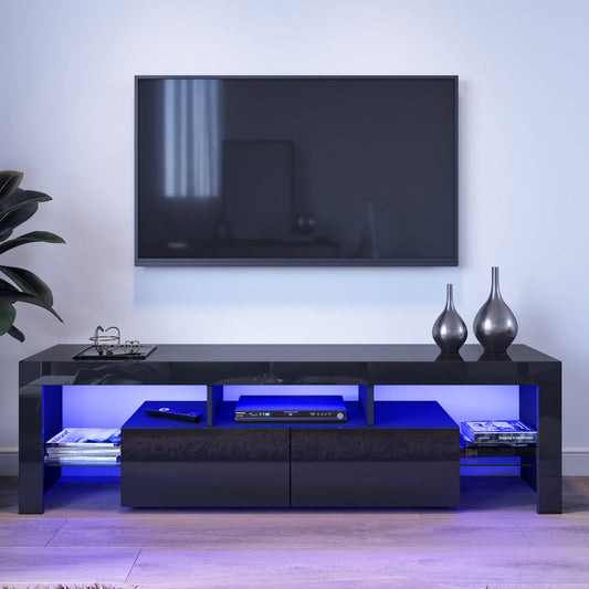 Modern TV Unit Cabinet Stand with LED Light 160cm Black High Gloss Doors Storage