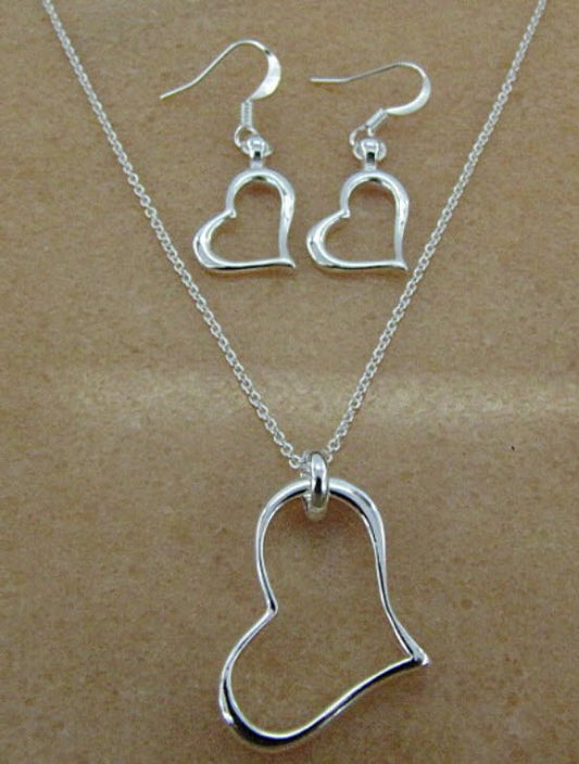 925 Sterling Silver plated Heart Necklace Earrings Set Gift Bag UK FREE SHIPPING