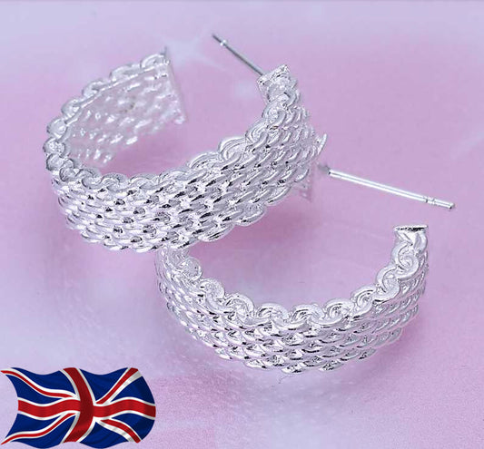 925 Sterling Silver plated Hoop Earrings Stud Textured Butterfly Ladies Gift UK FREE SHIPPING