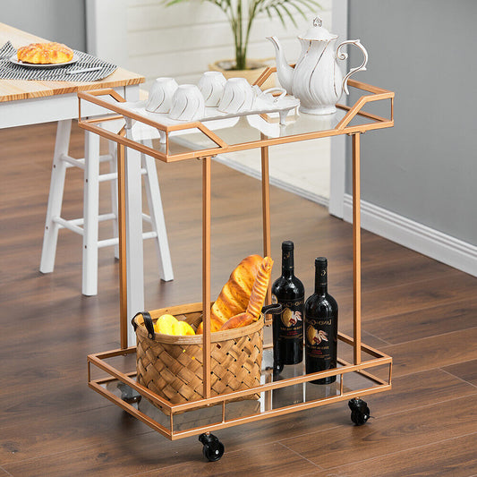 Rose Gold Glass Drinks Trolley Wheels 2 Tiers Home Bar Cart Kitchen Food Serving