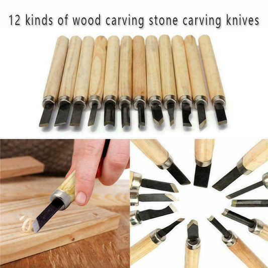 12Pcs Wood Carving Knife Chisel Kit Woodworking Whittling Cutter Chip Hand Tool