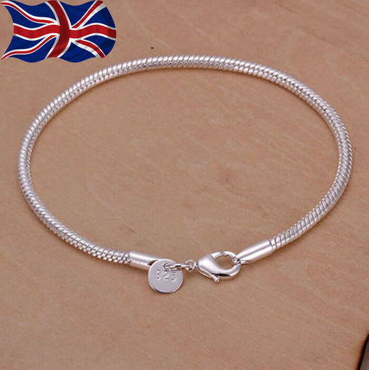 925 Sterling Silver Snake Bracelet Chain Rope 3mm Ladies Charms  8" UK