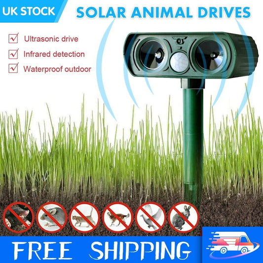 UTRASONIC SOLAR ANIMAL REPELLER DRIVE DOG CAT FOX DETERENT GUARD DEFENDS WARNING