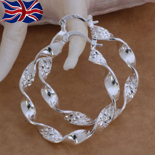 925 Sterling Silver plated Hoop Earrings Large 4cm Textured Twist Gift Bag UK