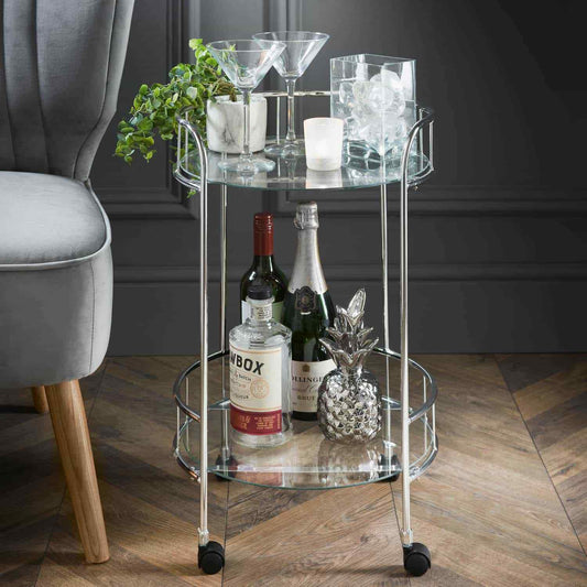 NEW Silver Drinks Trolley With Glass Shelves Mini Bar Cocktail Drink Table