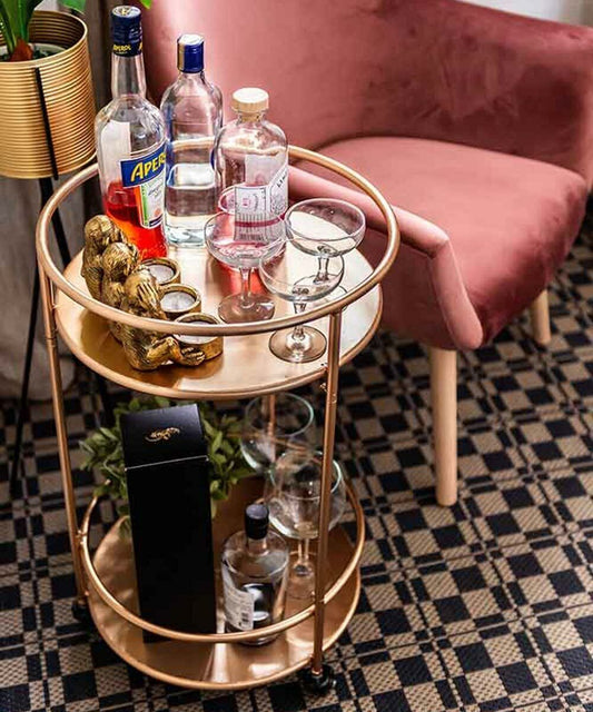 Rose Gold Drinks Trolley with 2 Tiers 30's Art Deco Vintage Home Bar Cart