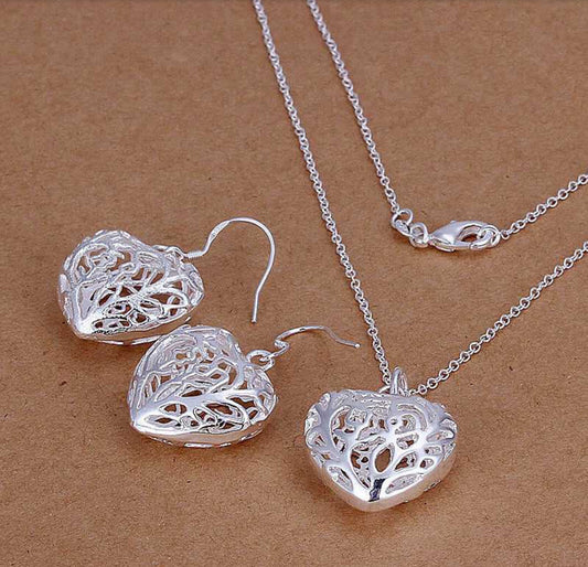 925 Sterling Silver plated Heart Necklace Earrings Set Filigree style UK FREE SHIPPING