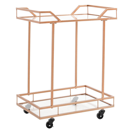 Rose Gold Glass Drinks Trolley Wheels 2 Tiers Home Bar Cart Kitchen Food Serving