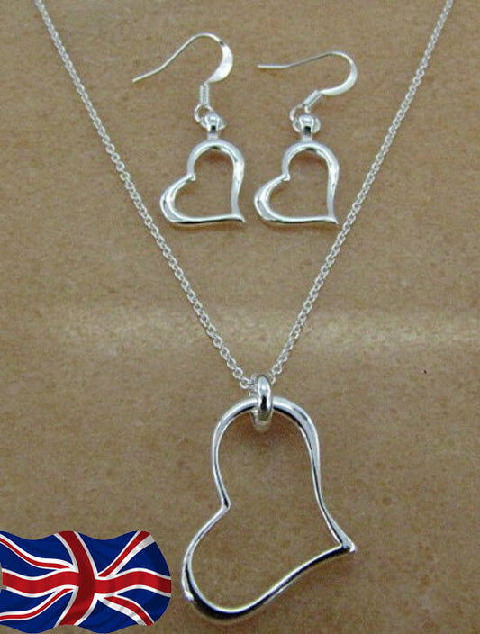 925 Sterling Silver plated Heart Necklace Earrings Set Gift Bag UK FREE SHIPPING