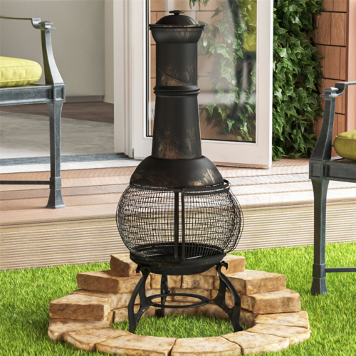 Steel Chiminea Large Fire Pit Garden Outdoor Patio BBQ Heater 110cm Black & Gold